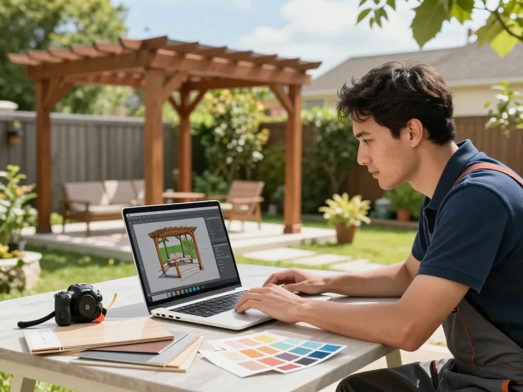 Instalador comprometido utilizando software para instaladores de pérgolas para diseñar una pérgola personalizada en un jardín soleado.