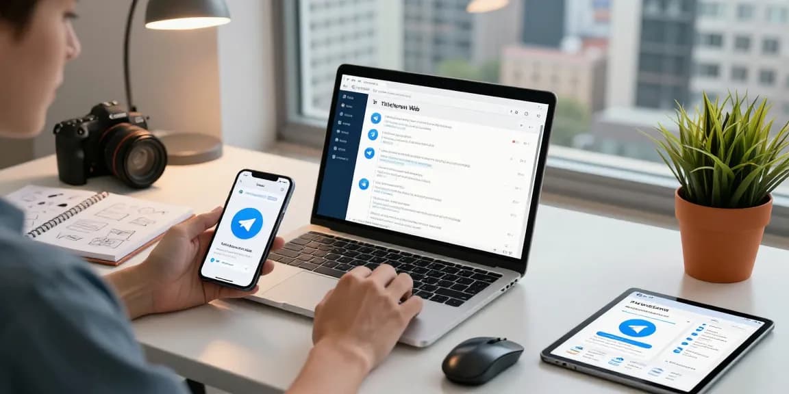 Accessing Telegram Web in a modern workspace setting with laptop and smartphone.