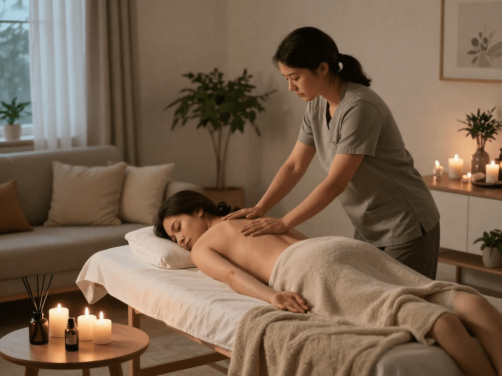구리출장안마 service at home, a therapist providing relaxing massage in a cozy living room