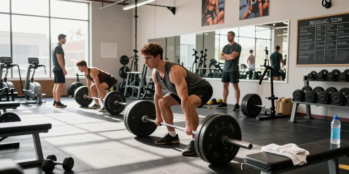 Atleta en el gimnasio Esteroidesshop demostrando la forma correcta de peso muerto en un ambiente de fitness vibrante.