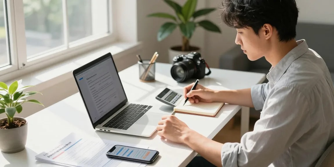 Simular hipoteca calculation with young professional in bright home office focused on financial planning.