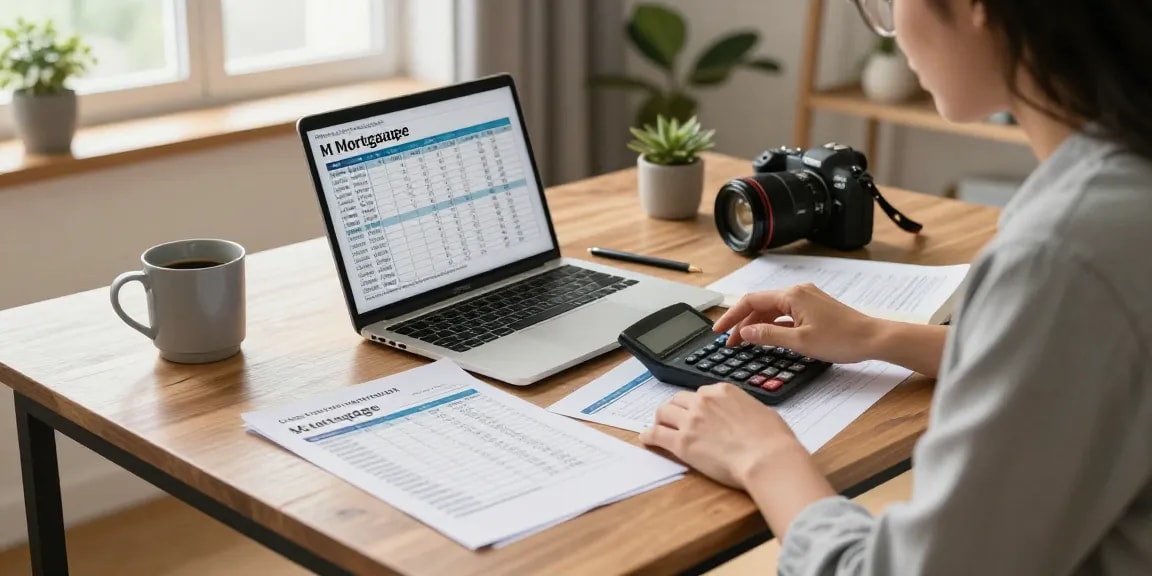 Person simulating hipoteca calculations in a cozy home office with documents and laptop.