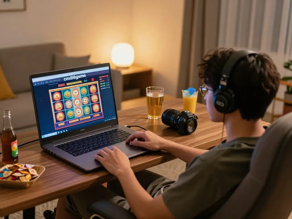 Engaging online gambling experience on cm88game with cozy home setup and relaxed player atmosphere