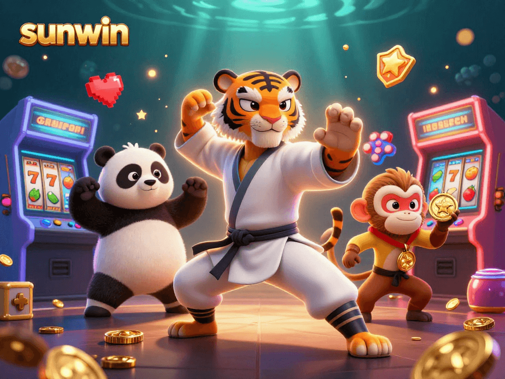 Experience dynamic gaming fun with sunwin's vibrant illustration featuring playful animated characters.