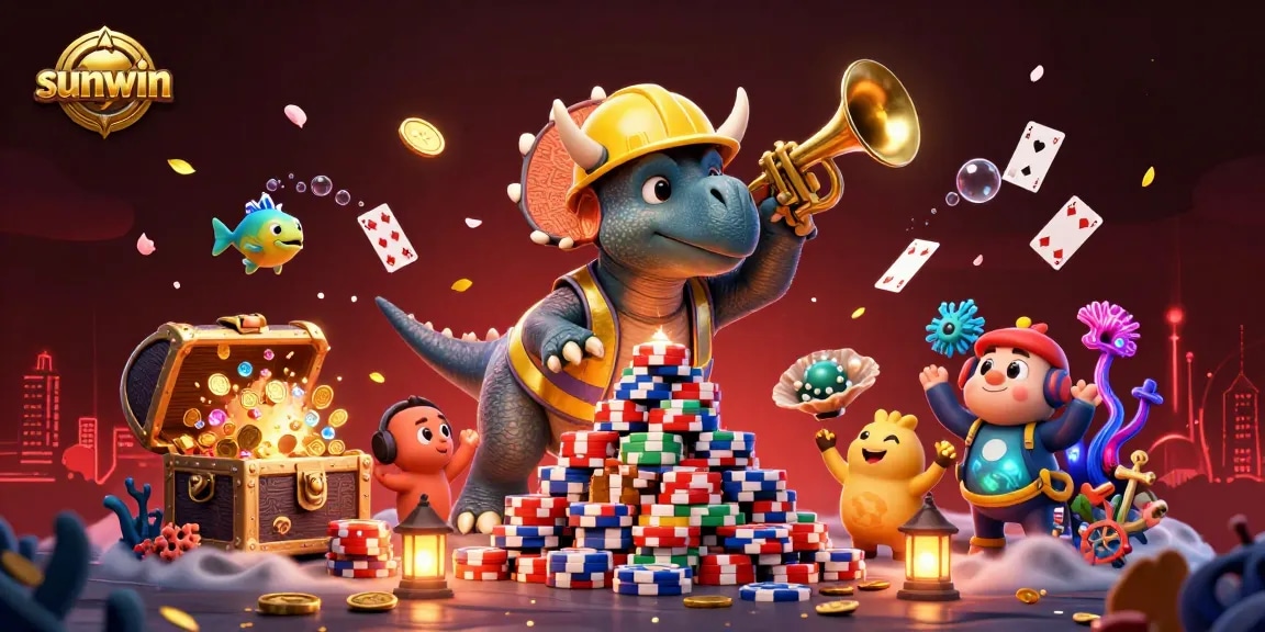 Experience the thrill of gambling with sunwin as triceratops builds poker chips and celebrates.