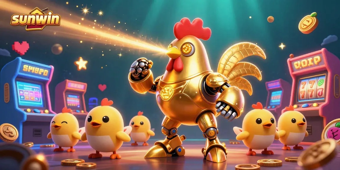 Sunwin showcases an exciting casino scene with a golden rooster robot and vibrant gaming elements.