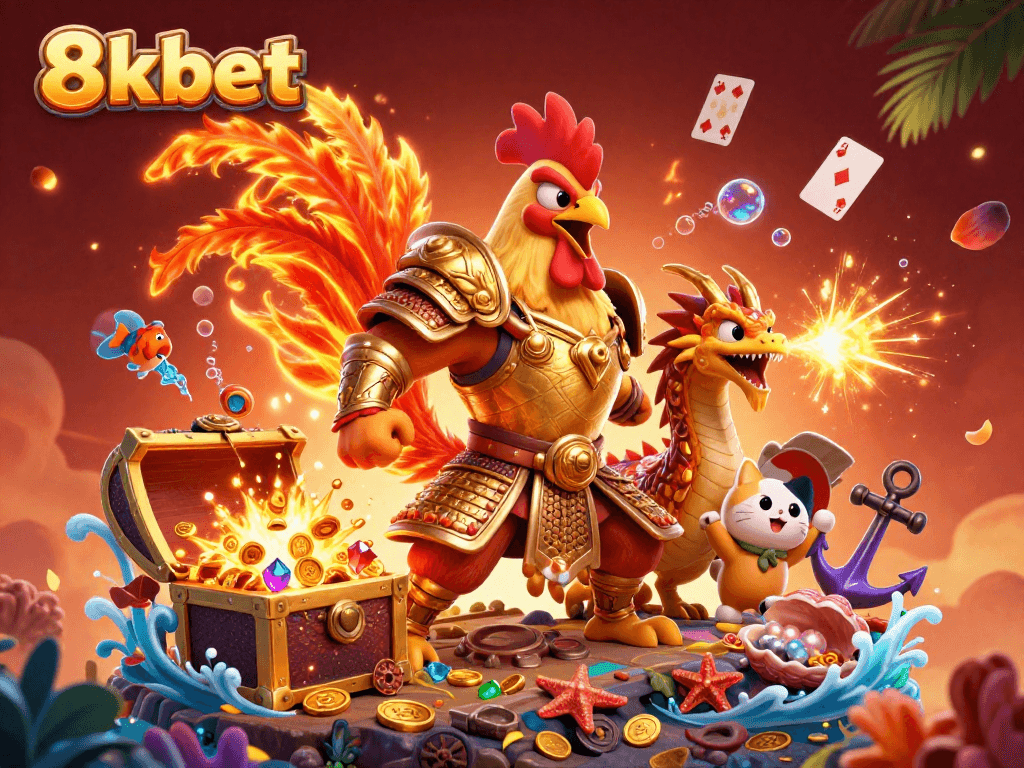 Experience the excitement of 8xbet with a powerful rooster warrior and dragon hatchling in a vibrant casino scene.