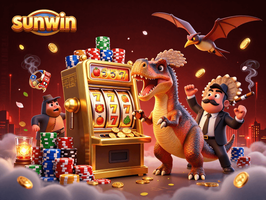 Experience thrilling jackpots at sunwin with a dynamic dinosaur scene celebrating casino wins!