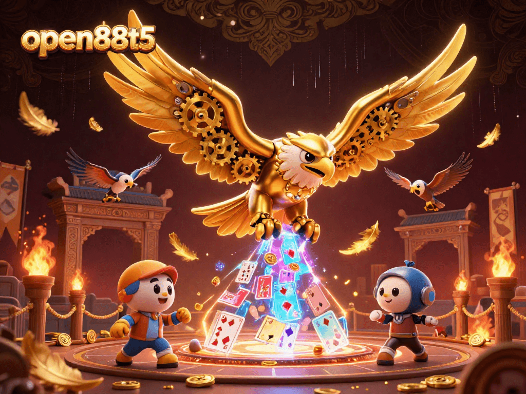 Experience thrilling bets at open88t5 with dynamic 3D illustration of a golden eagle amidst gambling excitement.