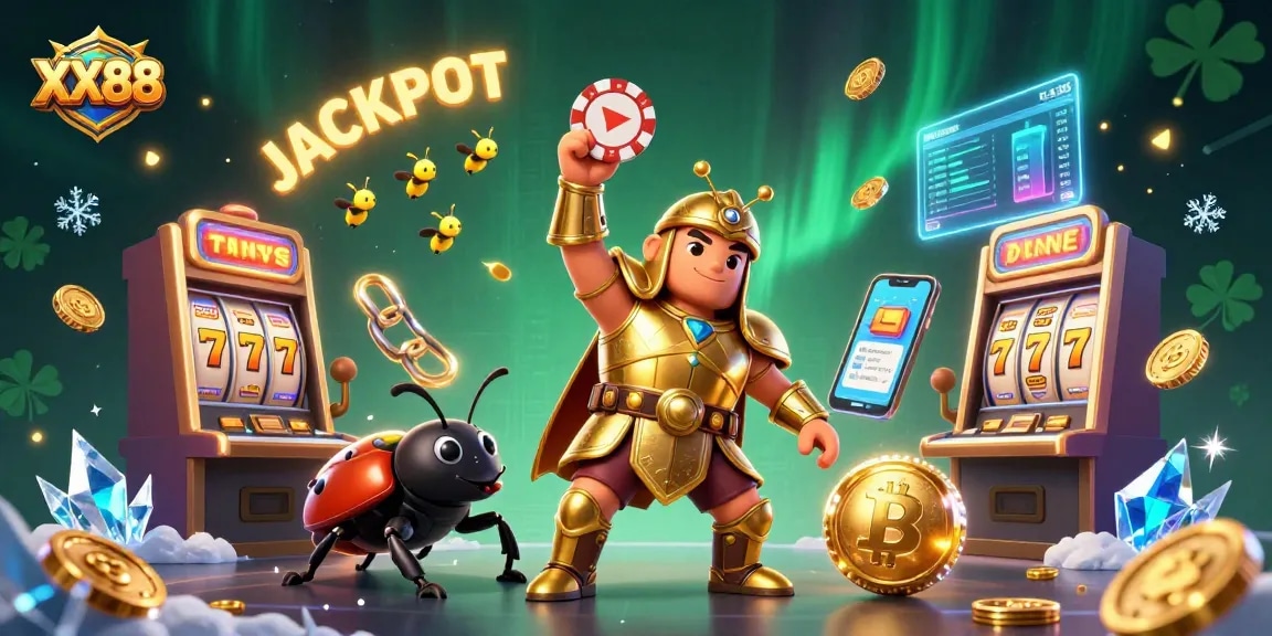 Experience jackpot gaming at XX88 featuring vibrant 3D characters amidst slot machines and crypto elements.