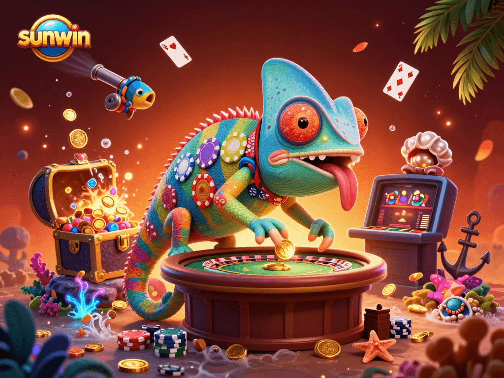 Experience the vibrant sunwin casino scene featuring a dynamic chameleon and treasure-filled underwater environment.