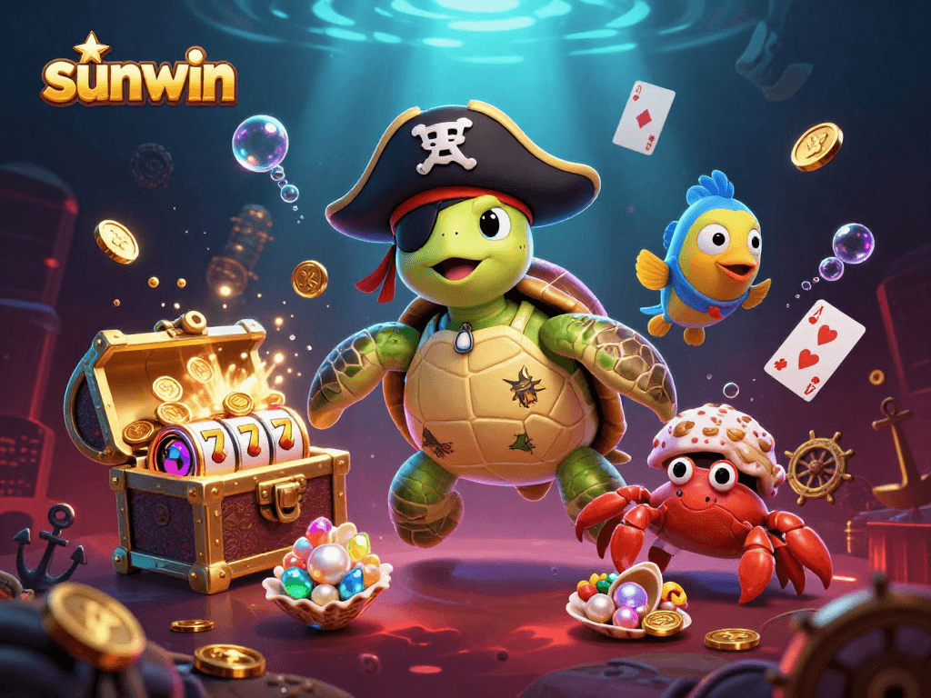 Experience excitement with sunwin as the pirate turtle and friends uncover riches in this vibrant 3D scene.