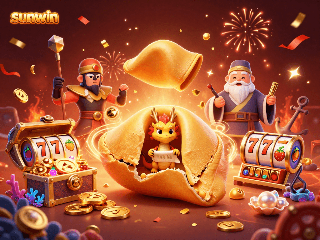 Win big at sunwin with a vibrant 3D casino scene featuring a golden fortune cookie and slot reels.