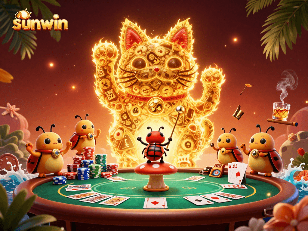 Experience luck with sunwin's golden lucky cat in a festive casino atmosphere.