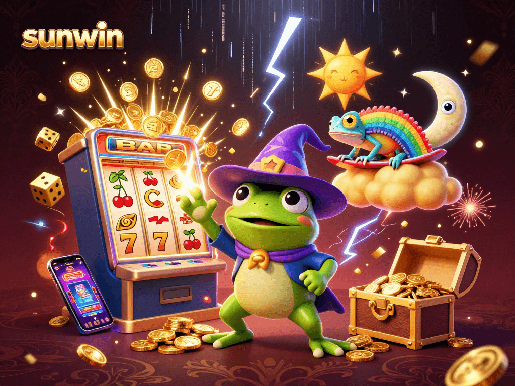 Experience the excitement at sunwin with a vibrant 3D illustration of a jackpot explosion and energetic characters.