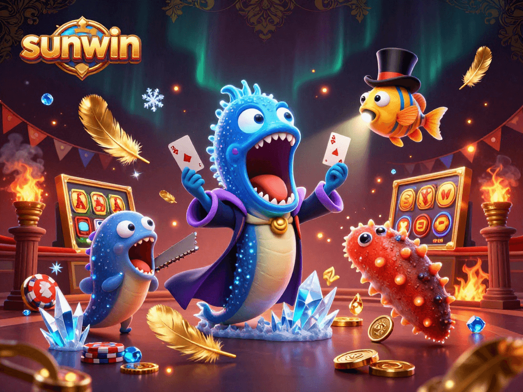 Experience excitement with sunwin's bioluminescent eel performing thrilling card tricks in a vibrant casino scene.