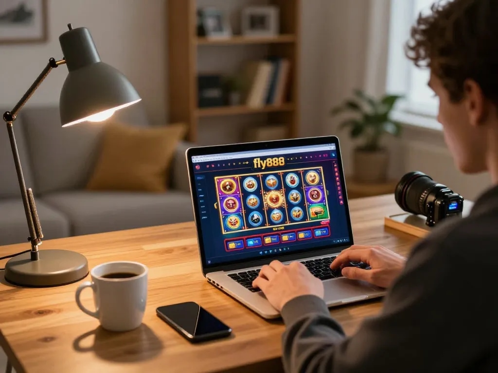 Person strategizing on fly888 online casino game in cozy home setup, laptop and coffee visible.
