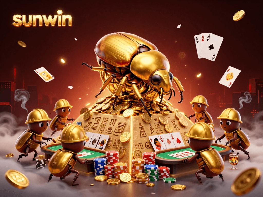 Experience the excitement of sunwin with golden beetles rolling coins, poker elements, and vibrant casino symbols.