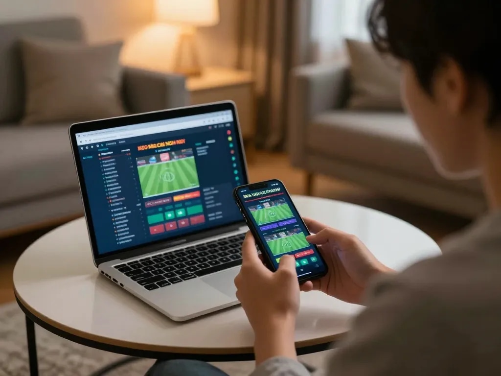 Place bets with keo nha cai hom nay using a smartphone in a cozy home environment.