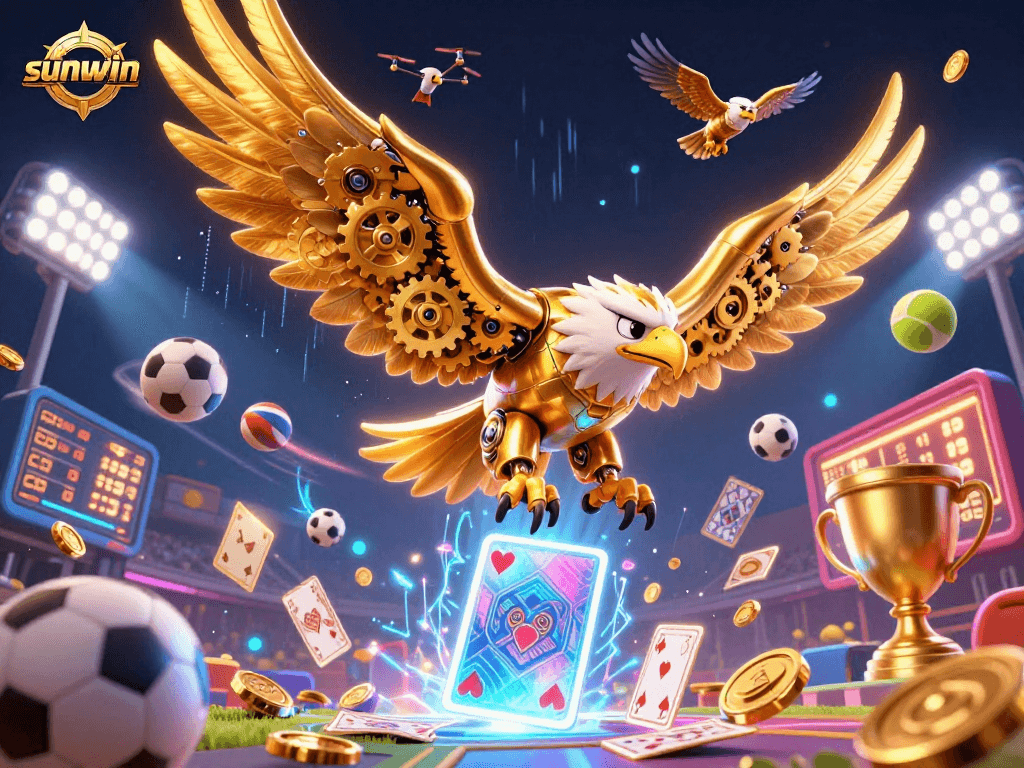 Experience the excitement of sunwin as the cybernetic eagle dives through holographic cards and dynamic sports elements.