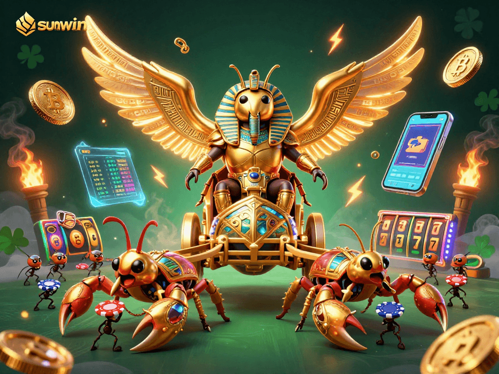 Play at sunwin with a colossal golden scarab beetle and vibrant crypto elements illuminating the gaming world.