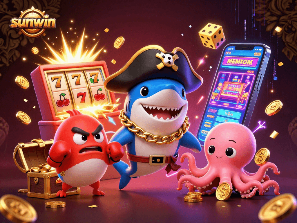 Experience the excitement of sunwin with a vibrant casino scene featuring a pirate shark and slot machines.