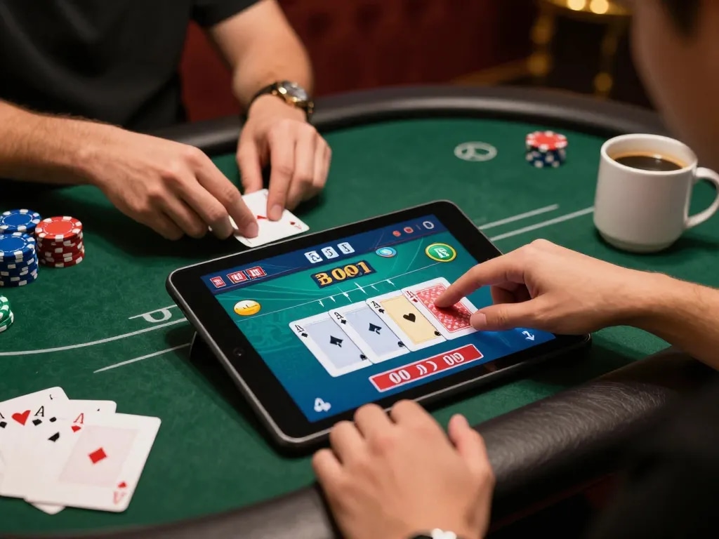Engaging in online poker gameplay on a tablet with 78WIN COM interface, showcasing intense strategies.
