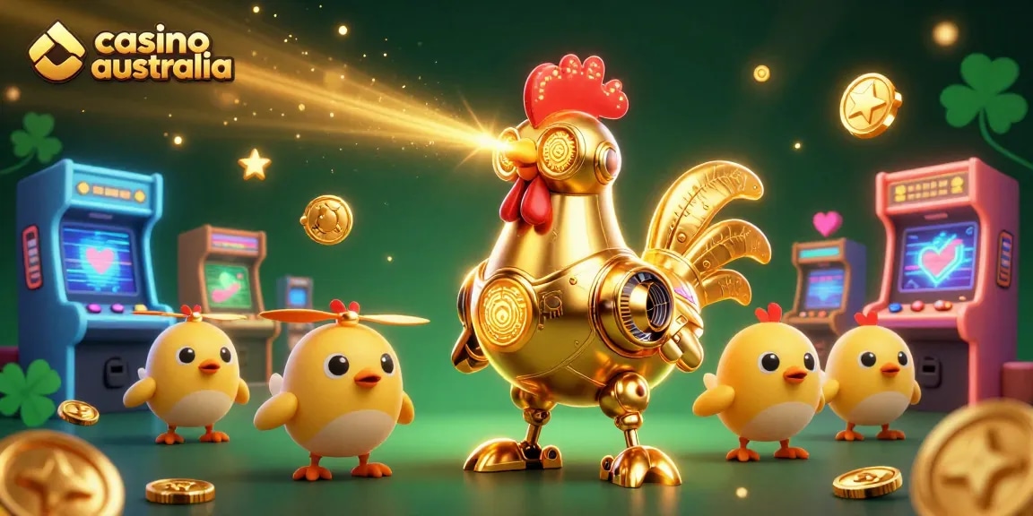 Experience a vibrant casino australia atmosphere with a golden rooster robot and engaging game elements.