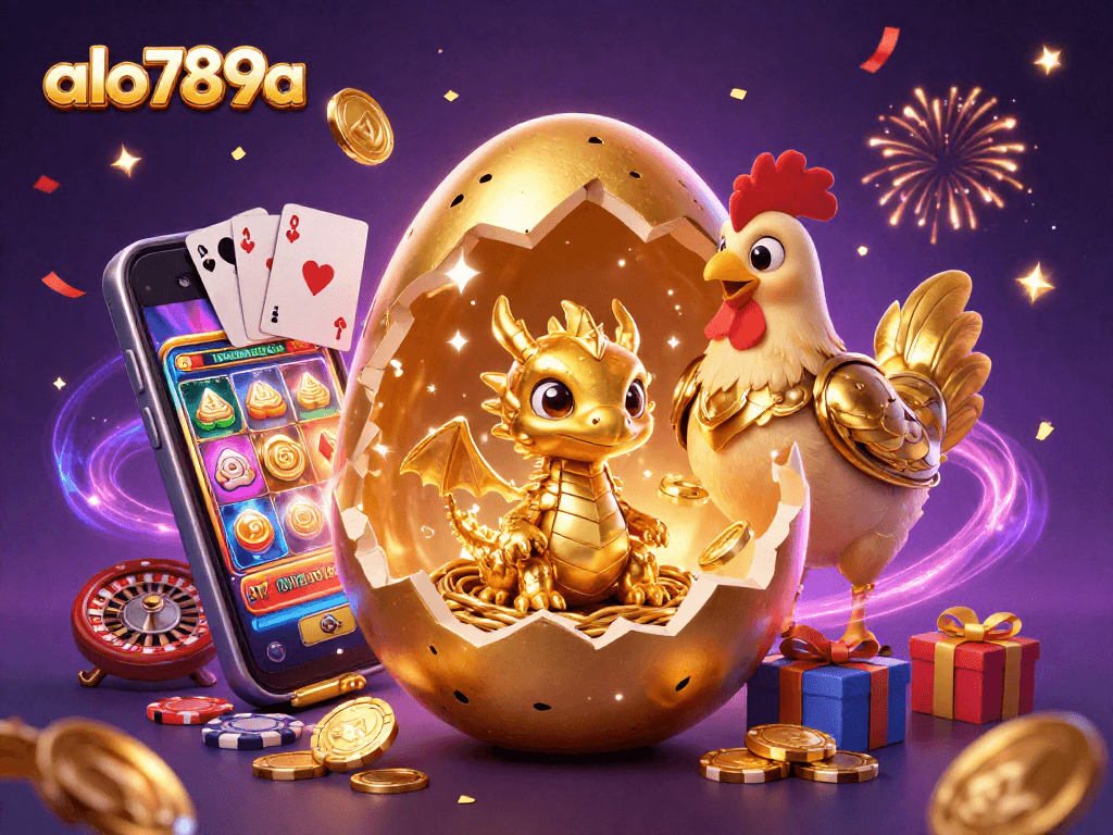 Experience the thrill of winning at alo789a cc with this 3D illustration showcasing slot games, poker chips, and celebration confetti.