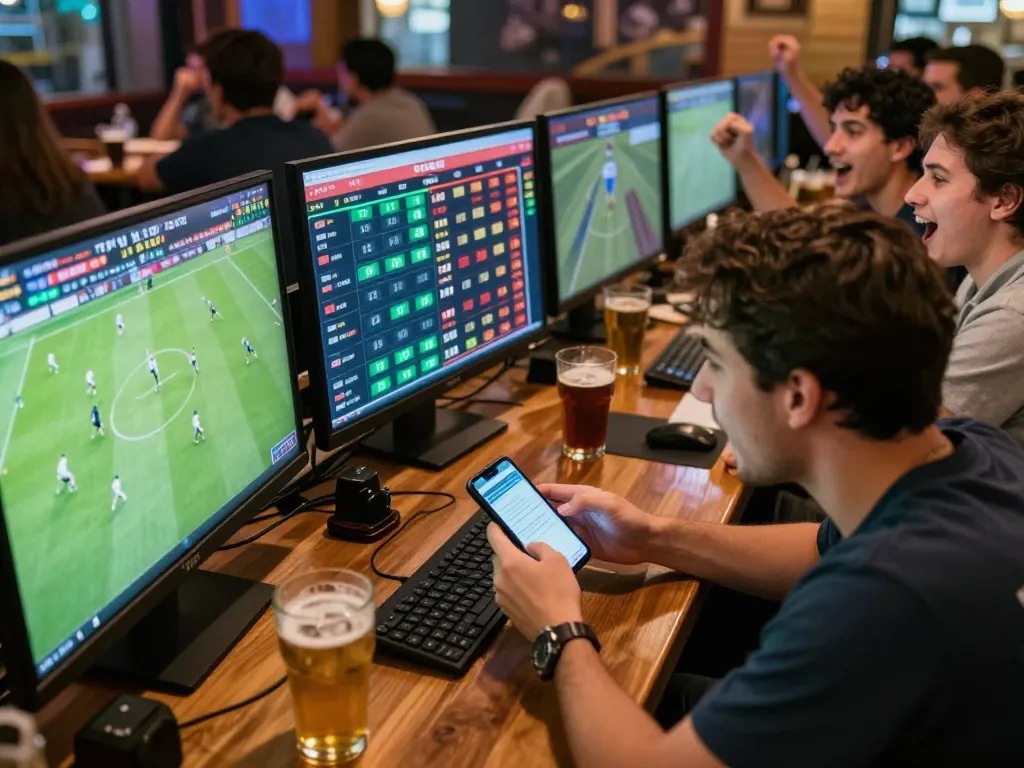 Sports bar scene with enthusiastic bettors analyzing tỷ lệ kèo nhà cái on their phones.