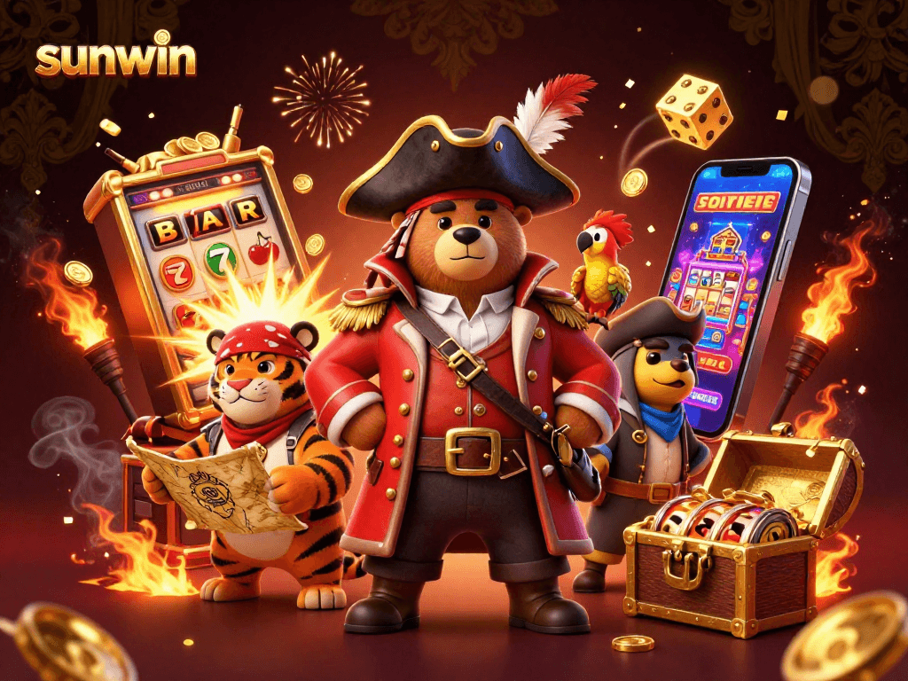 Win big with sunwin in a vibrant, 3D casino scene featuring a pirate bear, tiger, and a treasure explosion.