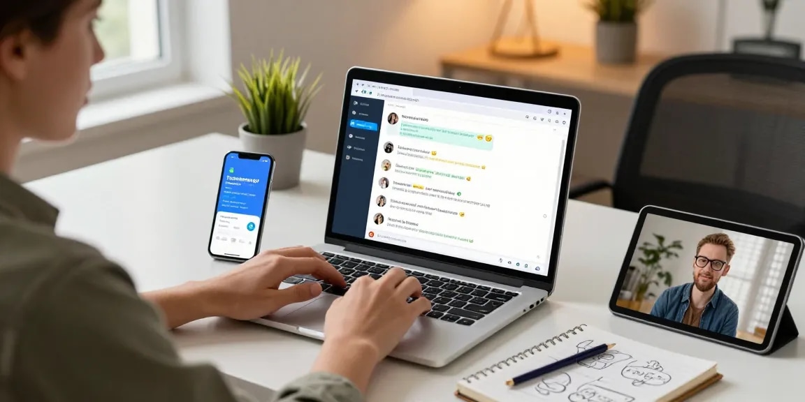 Engaging with the Telegram Web Version in a modern workspace with tech gadgets and natural light.