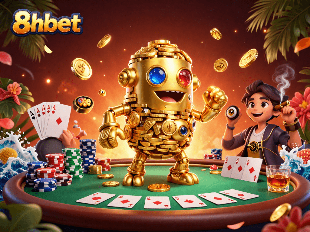 Engage with thrilling gameplay at 8xbet featuring an exciting 3D golden golem and poker scene.
