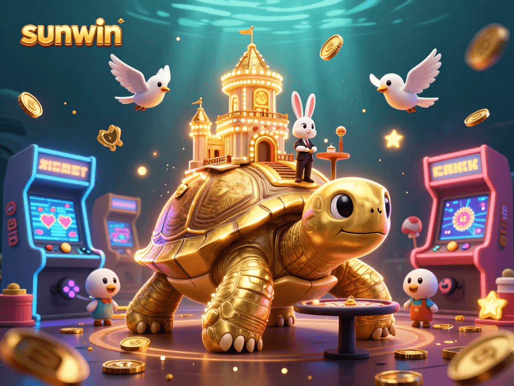 Experience the excitement of sunwin with a vibrant 3D scene of a golden tortoise casino.