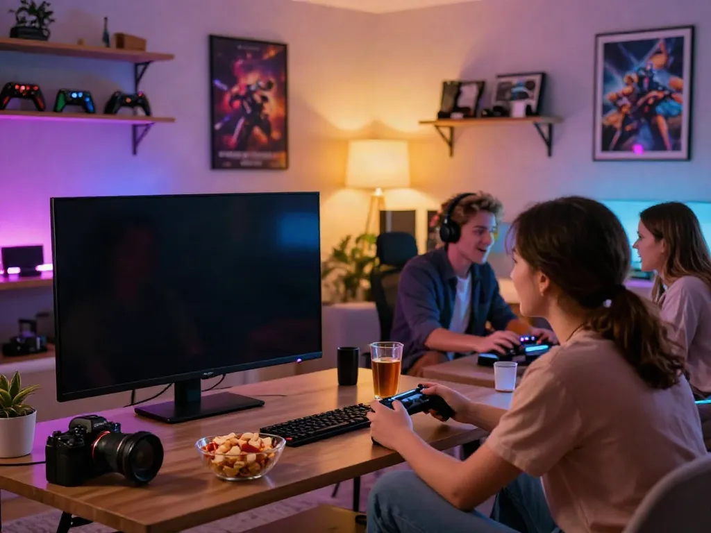 A young couple enjoying gaming on https://man88.hair/ in a cozy home setup with LED lights.