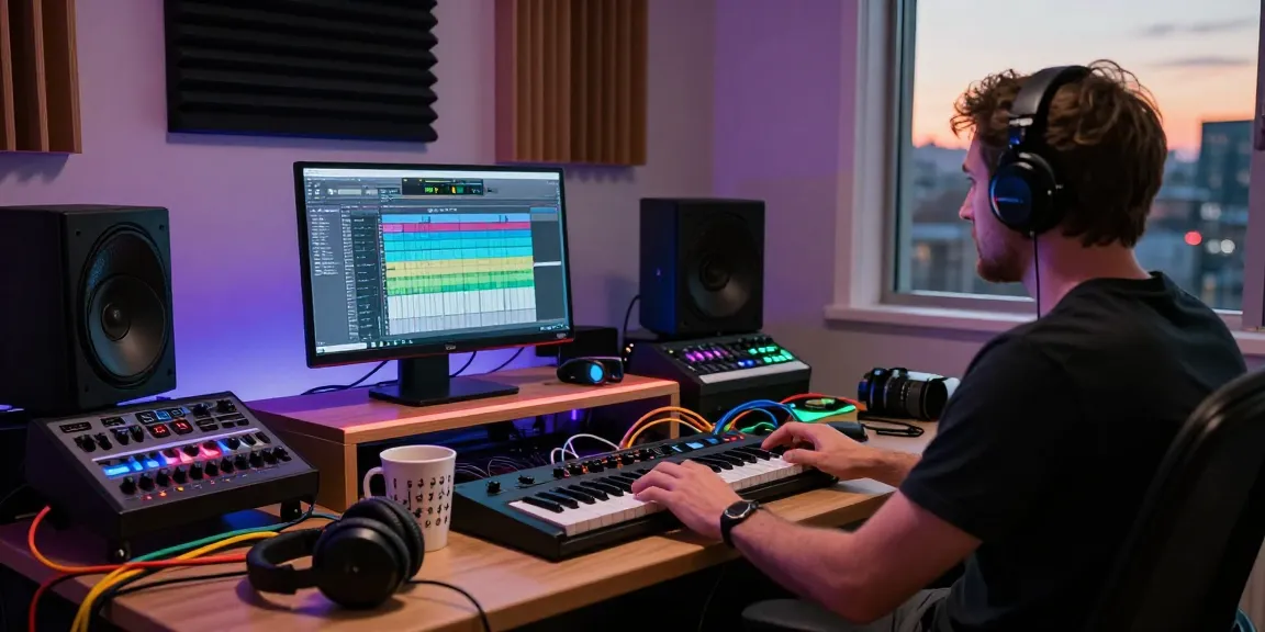 Musician using SC88 sound module in a vibrant electronic music studio setup, showcasing creativity and innovation.