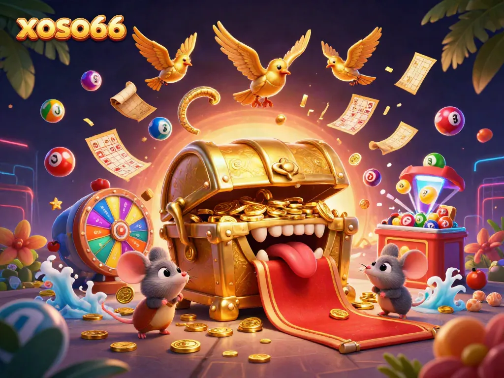 Experience xoso66's vibrant lottery excitement with dynamic elements surrounding a golden treasure chest luring adventure seekers.