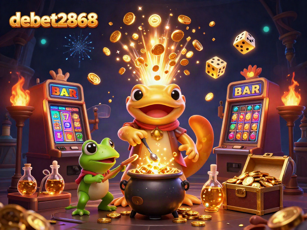 Experience excitement at debet2868 with a golden alchemist surrounded by dynamic casino elements and vibrant game highlights.