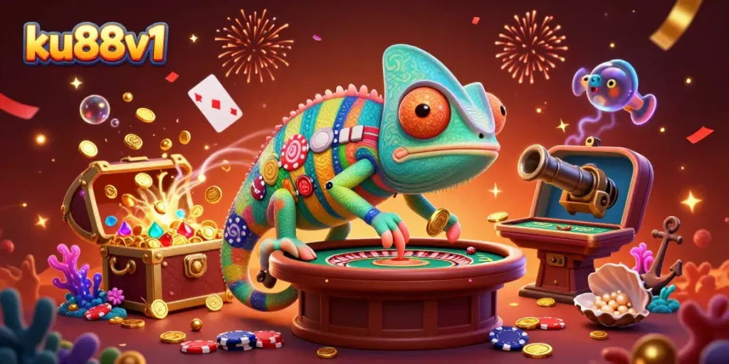 ku88v1 casino scene with a chameleon owner surrounded by games and treasure, vibrant excitement