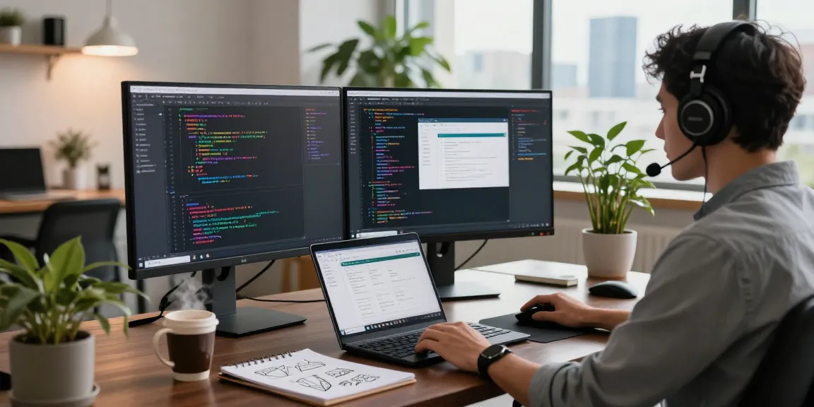 Developer at the WPS Official Website workspace, showcasing software coding and modern office environment.