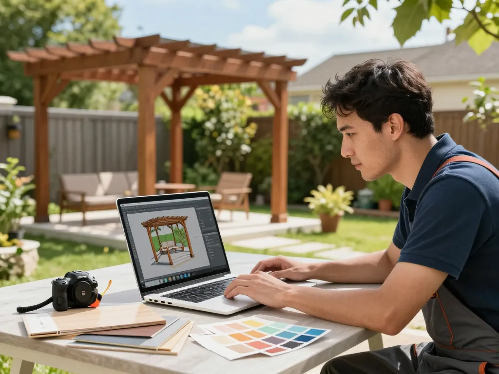 Instalador comprometido utilizando software para instaladores de pérgolas para diseñar una pérgola personalizada en un jardín soleado.