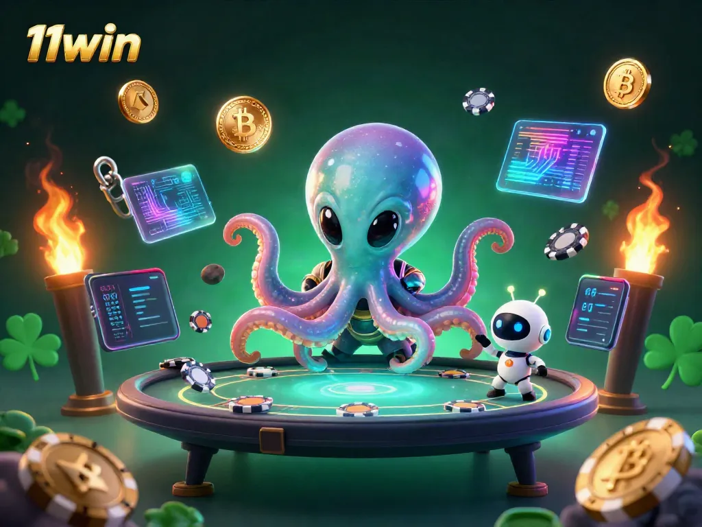 Engage in thrilling gameplay at 11win with a vibrant 3D alien octopus dealing cards amidst dynamic crypto elements.
