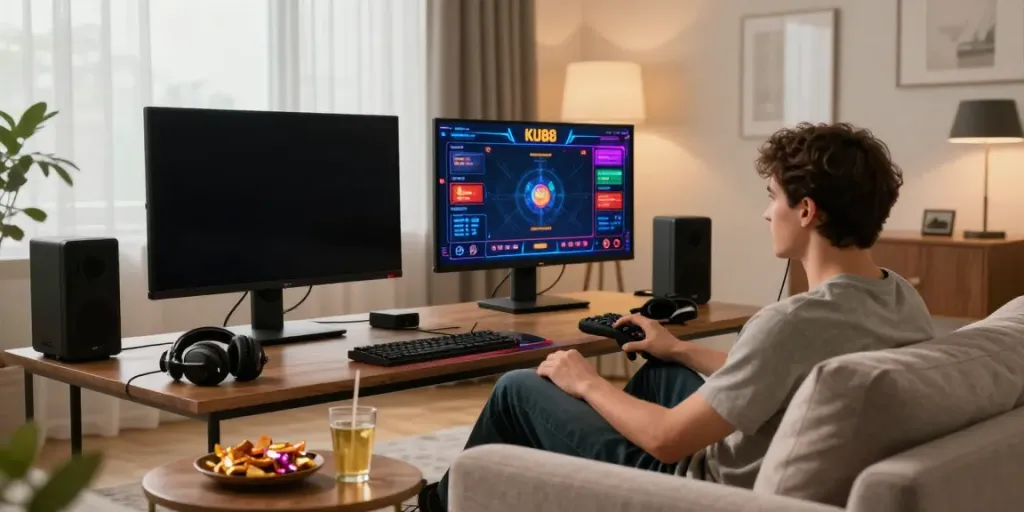Engaging scene of a young adult playing on KU88 in a warm, stylish living room.