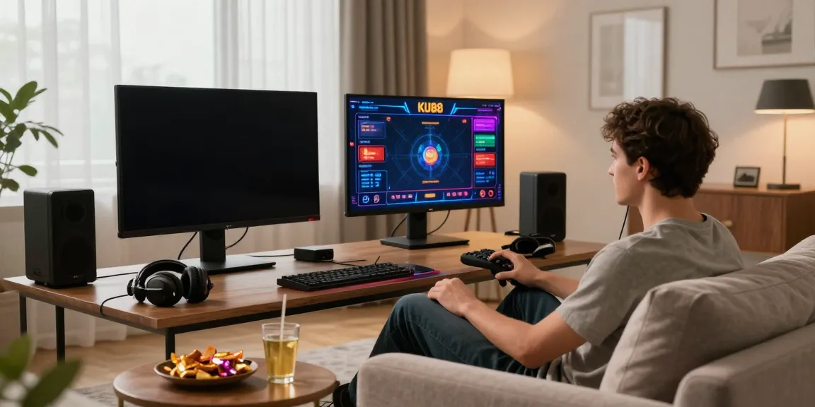 Engaging scene of a young adult playing on KU88 in a warm, stylish living room.
