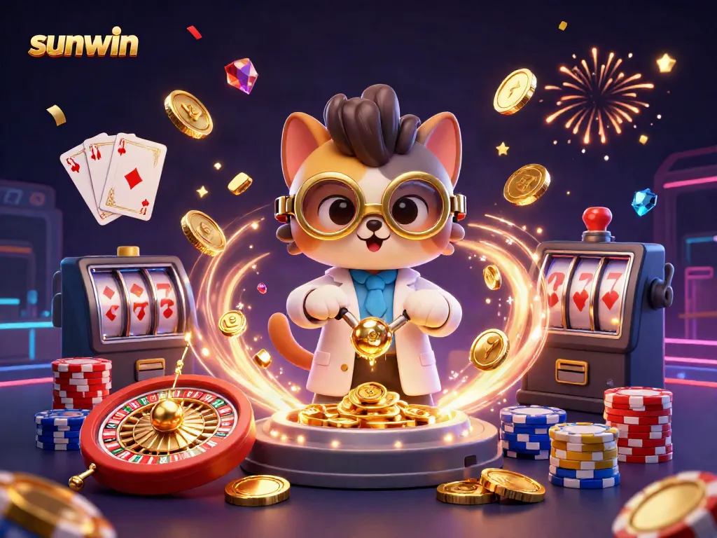 Spin the reels with sunwin's exciting gaming action featuring golden coins and vibrant casino elements.
