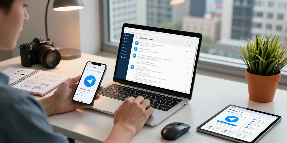 Accessing Telegram Web in a modern workspace setting with laptop and smartphone.