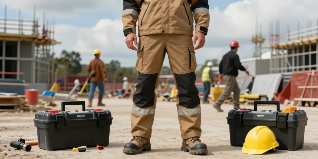 Las ofertas de Black Friday Blaklader presentan ropa de trabajo de alta calidad en un entorno de construcción.