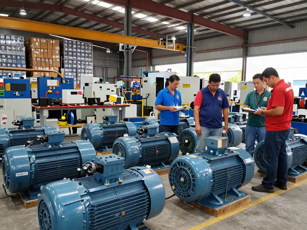 Motores eléctricos en Venezuela en un almacén industrial con técnicos inspeccionando modelos.