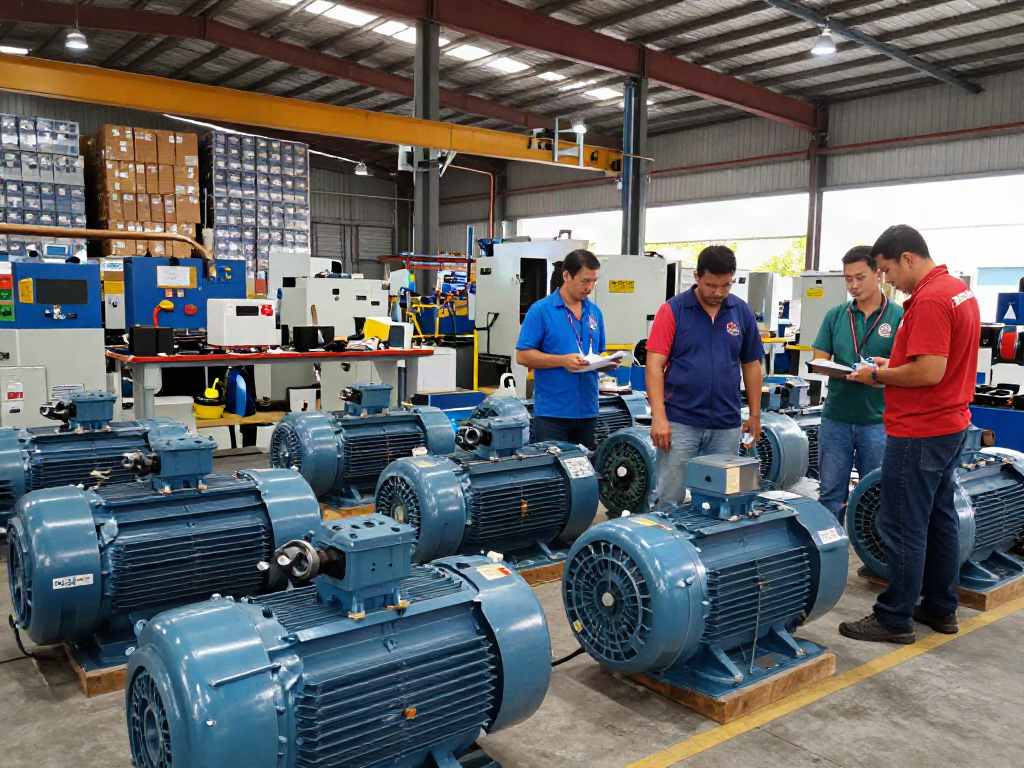 Motores eléctricos en Venezuela en un almacén industrial con técnicos inspeccionando modelos.