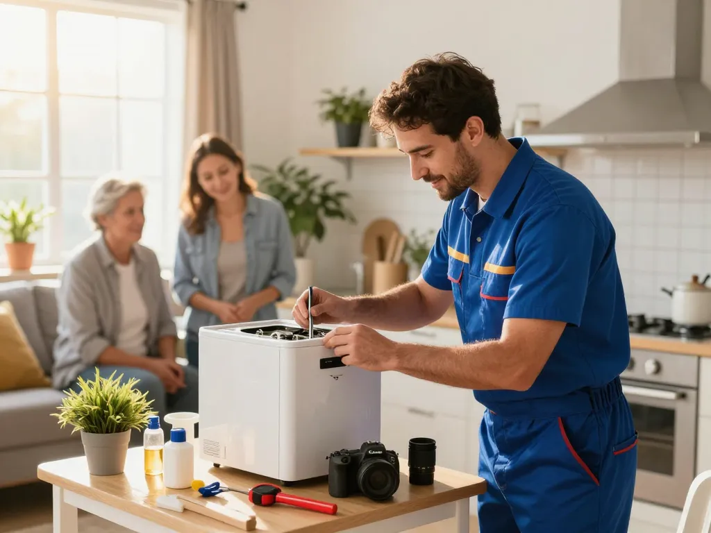 Técnico proporcionando servicios a domicilio en una sala moderna, reparando un electrodoméstico mientras la familia observa.